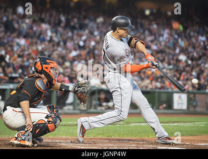 San Francisco, California, USA. 08th July, 2017. Hitting a double deep into left, Miami Marlins right fielder Giancarlo Stanton (27) in the fifth inning, during a MLB baseball game between the Miami Marlins and the San Francisco Giants at AT&T Park in San Francisco, California. Valerie Shoaps/CSM/Alamy Live News Stock Photo