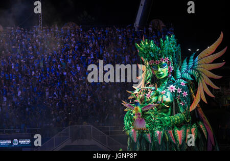 Beijing, Brazil. 1st July, 2017. A parade float of Caprichoso team attends the Parintins Folklore Festival in Parintins, Brazil, July 1, 2017. The Parintins Folklore Festival is a popular annual celebration. Credit: Li Ming/Xinhua/Alamy Live News Stock Photo