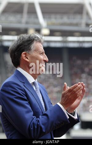 Stratford, UK. 9th July, 2017. Lord Seb Coe applauds. Anniversary games. IAAF Diamond League. London Olympic stadium. Queen Elizabeth Olympic park. Stratford. London. UK. 09/07/2017. Credit: Sport In Pictures/Alamy Live News Stock Photo