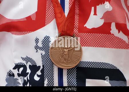 Stratford, UK. 9th July, 2017. The mens 4 x 400m squad from the Beijing 2008 Olympic games receive their bronze medals after being upgraded from 4th to 3rd following the disqualification of the Russian team. Anniversary games. IAAF Diamond League. London Olympic stadium. Queen Elizabeth Olympic park. Stratford. London. UK. 09/07/2017. Credit: Sport In Pictures/Alamy Live News Stock Photo
