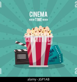 colorful poster of cinema time with clapperboard and tickets behind the popcorn in closeup Stock Vector