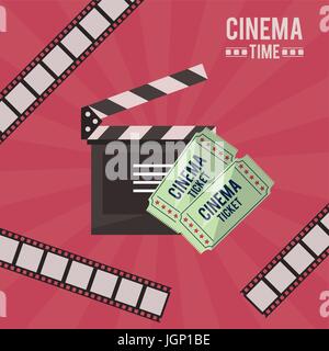colorful poster of cinema time with film tape in background and clapperboard and tickets Stock Vector