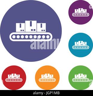 Belt conveyor with load icons set Stock Vector