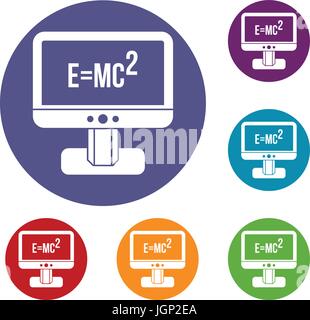Monitor with Einstein formula icons set Stock Vector