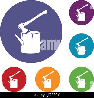 Axe stuck in a tree stump icons set Stock Vector
