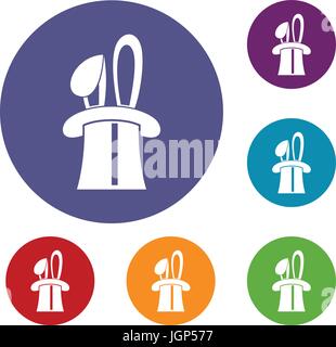 Rabbit appearing from a top magic hat icons set Stock Vector