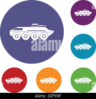 Armored personnel carrier icons set in flat circle reb, blue and green color for web Stock Vector