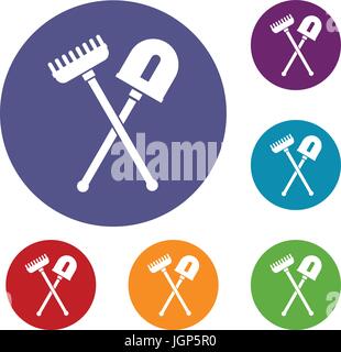 Shovel and rake icons set in flat circle reb, blue and green color for web Stock Vector