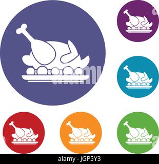 Roasted turkey icons set Stock Vector