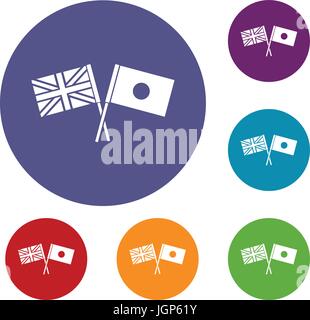 UK and Japan flags crossed icons set Stock Vector