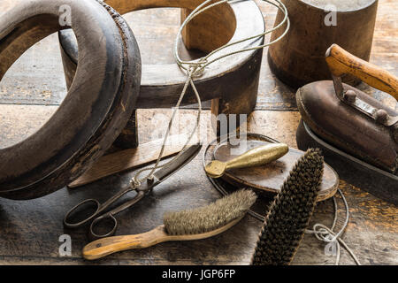 Various tools on workbench, hatmaker workshop, Bad Aussee, Styria, Austria Stock Photo