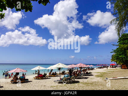 Pamplemousses, Mauritius - Jan 4, 2017. Beautiful beach with relaxing chairs in Trou aux Biches, Mauritius. The beach is one of the most beautiful on  Stock Photo