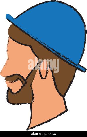 profile bearded man young wear blue hat character people vector illustration Stock Vector