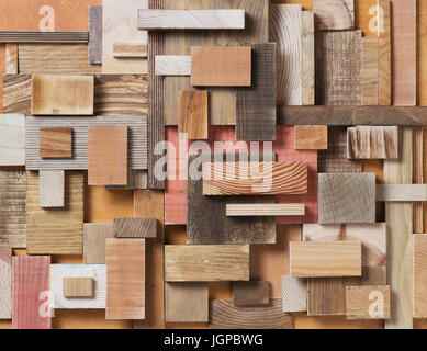 Scrap wood blocks in collage background. Stock Photo