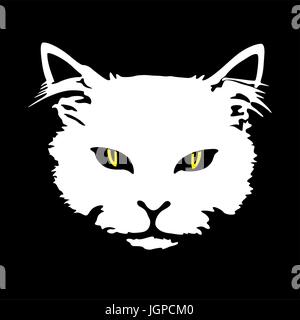 Silhouette white cat face with yellow eyes print tattoo isolated on black background. Stock Vector