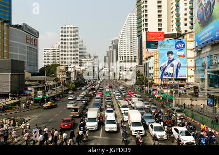 Bangkok, Thailand - February 13, 2015: Traffic congestion at the intersection of Asoke and Sukhumvit Rd. in downtown financial district of Bangkok, Th Stock Photo