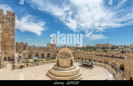 The Citadel ( Tower of David ) with the archaeological finds in its courtyard and the Ottoman minaret, in the Old City of Jerusalem, Israel. Stock Photo