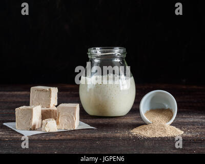Different types yeast. Fresh pressed yeast, dry instant yeast and active wheat sourdough starter (wild yeast) on wooden table. Low key. Selective focu Stock Photo