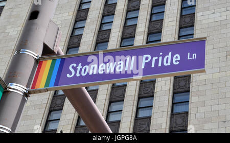 COLUMBUS, OH - JUNE 28: Stonewall Pride Lane sign in Columbus, Ohio is shown on June 28, 2017. Gay Street is renamed that as part of Gay Pride Week. Stock Photo