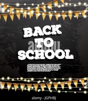 Back to School Template with Neon Garlands and Flags. Vector Illustration. Card with Copy Space. Stock Vector
