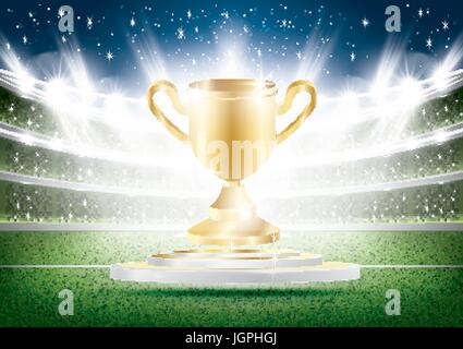 Golden Winner Cup with Spotlights on Stadium. Soccer Arena with Green Grass. Vector Illustration. Stock Vector