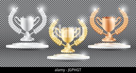 Gold, Silver and Bronze Trophy with Laurel Wreath. Vector Illustration. Stock Vector