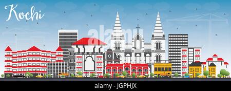 Kochi Skyline with Color Buildings and Blue Sky. Vector Illustration. Business Travel and Tourism Concept with Historic Architecture. Stock Vector