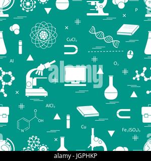 Seamless pattern with variety scientific, education elements: globe, microscope,magnet, flask, molecule and other. Design for banner, flyer, poster or Stock Vector