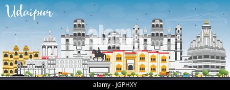 Udaipur Skyline with Color Buildings and Blue Sky. Vector Illustration. Business Travel and Tourism Concept with Historic Architecture. Stock Vector