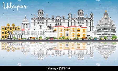 Udaipur Skyline with Color Buildings, Blue Sky and Reflections. Vector Illustration. Business Travel and Tourism Concept with Historic Architecture. Stock Vector