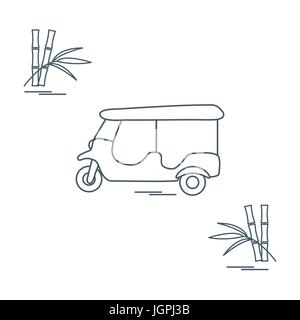 Stylized icon of tuk-tuk and bamboo. Traditional taxi in Thailand, India. Design for banner, poster or print. Stock Vector