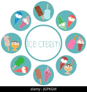 Nice picture of a colored scheme with various kinds of delicious ice cream and inscription on a white background Stock Vector