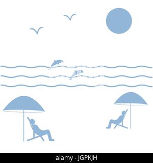 Nice picture on holiday by the sea: the sun, seagulls, dolphins, waves, people in beach chairs under umbrellas on a white background Stock Vector