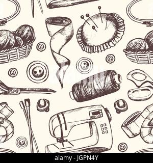Sewing Accessories - black and white vector hand drawn seamless pattern. Realistic thread spool, holder, sewing machine, silk band, knitting needle, t Stock Vector
