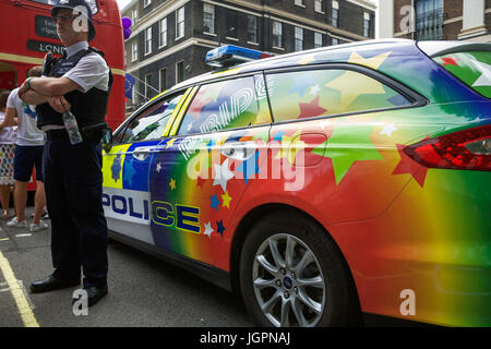 Pride in London. Police car in LGBT colours at the Pride London parade. Stock Photo
