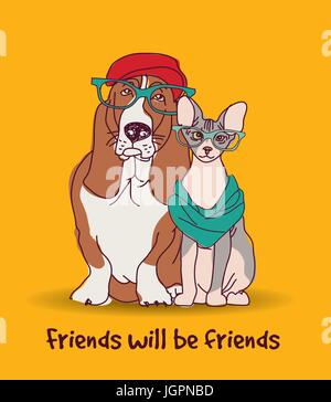 Couple Fashion friends pets fun animals card. Stock Vector