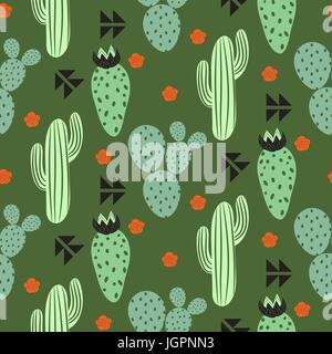 Cactus plant vector seamless pattern. Abstract hipster desert nature fabric print. Green mint cacti on dark herbal color for wallpaper and textile app Stock Vector