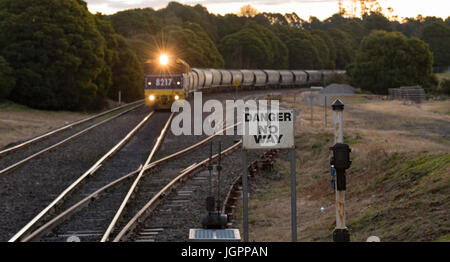 A diesel locomotive pulling coal trucks or wagons through the Southern Highlands of New South Wales in Australia in the early evening for export Stock Photo