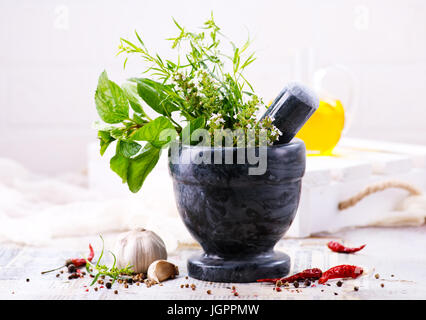 aroma herb and spice on the kitchen table Stock Photo