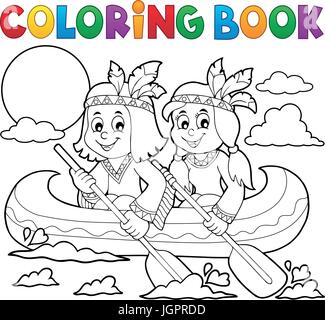 Coloring book Native Americans in boat - eps10 vector illustration. Stock Vector