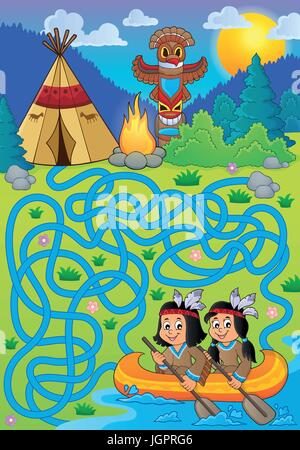 Maze 26 with Native Americans in boat - eps10 vector illustration. Stock Vector