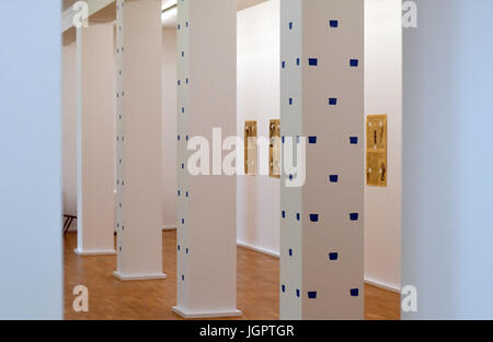 Paintings with brush prints by artist Niele Toroni can be seen at the museum for contemporary art in Siegen, Germany, 29 June 2017. Toroni received the 13th Rubens Award of the city of Siegen on Sunday 2 July. Photo: Henning Kaiser/dpa Stock Photo