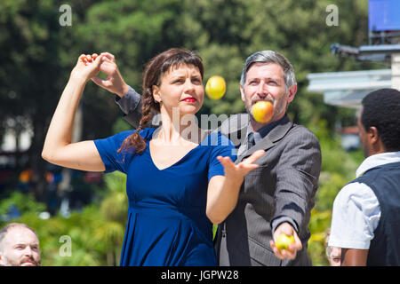 Bournemouth, Dorset, UK. 9th July, 2017. Smashed by Gandini Juggling at Pavilion Dance Terraces, Bournemouth, as part of Pavilion Dance South West Discover, Play, Dream Dance. The audience are invited to a tea party never to be forgotten with 80 apples, 9 performers, 4 crockery sets and a music sound track. The art of juggling keeps the audience entertained. Credit: Carolyn Jenkins/Alamy Live News Stock Photo