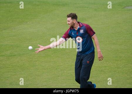 Chester le Street, UK. 09th July, 2017. Richard Gleeson, Northamptonshire Steelbacks bowler catching the ball against Durham Jets in the Natwest T20 Blast at the Emirates Riverside. Credit: Colin Edwards/Alamy Live News Stock Photo