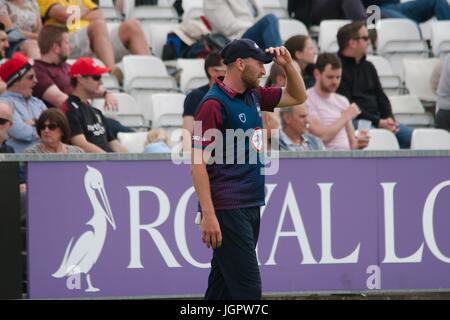 Chester le Street, UK. 09th July, 2017. Richard Gleeson fielding for Northamptonshire Steelbacks against Durham Jets in the Natwest T20 Blast at the Emirates Riverside. Credit: Colin Edwards/Alamy Live News Stock Photo