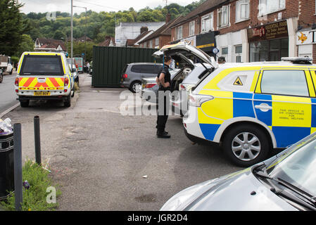 High Wycombe, United Kingdom. 10th July, 2017. Thames Valley Police has executed a number of warrants in High Wycombe in connection with modern slavery and money laundering offences. Approximately forty officers executed two warrants at properties in Micklefield Road at 06:00BST under section 8 of Police and Criminal Evidence Act 1984. Credit: Peter Manning/Alamy Live News Stock Photo