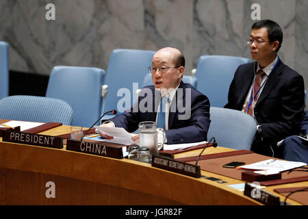 United Nations, New York, USA. 10th Jul, 2017. Liu Jieyi (front), China's permanent representative to the United Nations and president of the Security Council for July, speaks after Security Council adopted a resolution to establish a new UN mission to help reintegrate rebels from Colombia's former largest guerrilla group FARC back to society. Credit: Xinhua/Alamy Live News Stock Photo