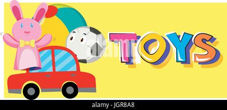 Word toys and different types of toys illustration Stock Vector