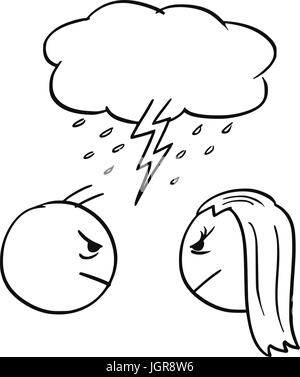 Cartoon vector of man and woman in quarrel fight with cloud and lightning bold above their heads Stock Vector