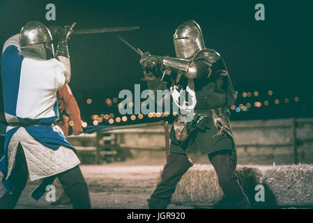 Two knights fighting during Medieval  festival in Elvas, Portugal Stock Photo